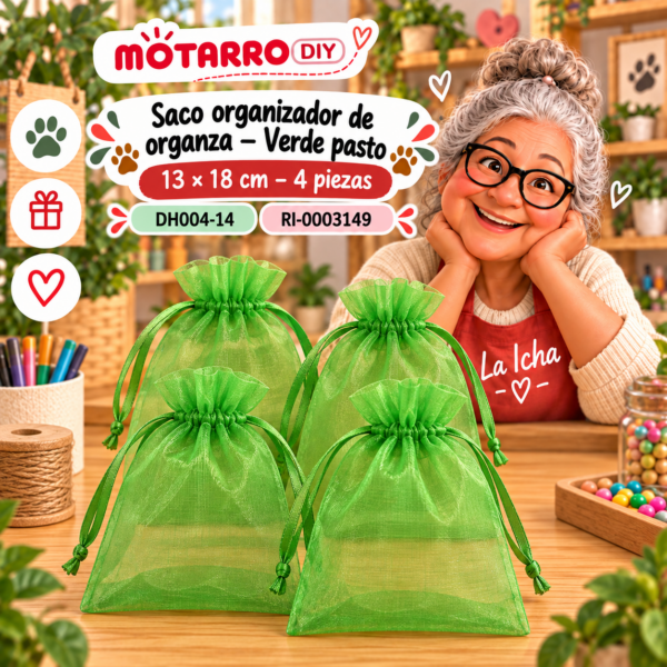 ri-0003149-dh004-14 Saco organizador de organza – Verde pasto – 13 × 18 cm – 4 piezas