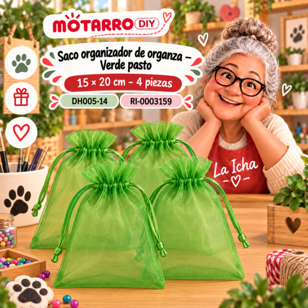 ri-0003159-dh005-14 Saco organizador de organza – Verde pasto – 15 × 20 cm – 4 piezas