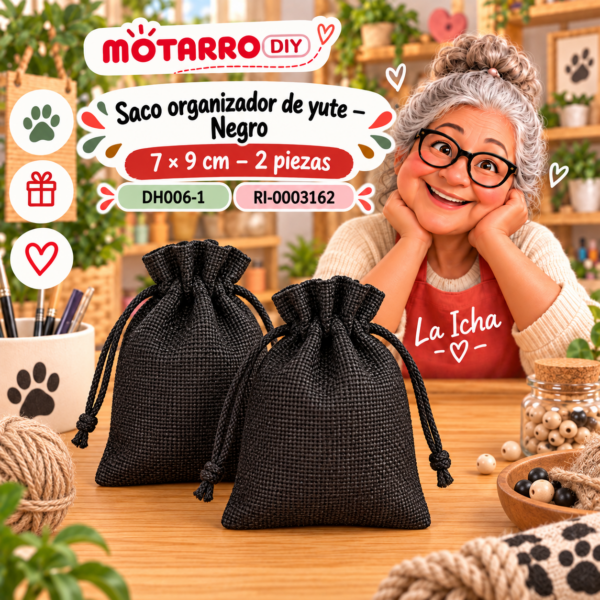 Saco organizador de yute – Negro – 7 × 9 cm – 2 piezas