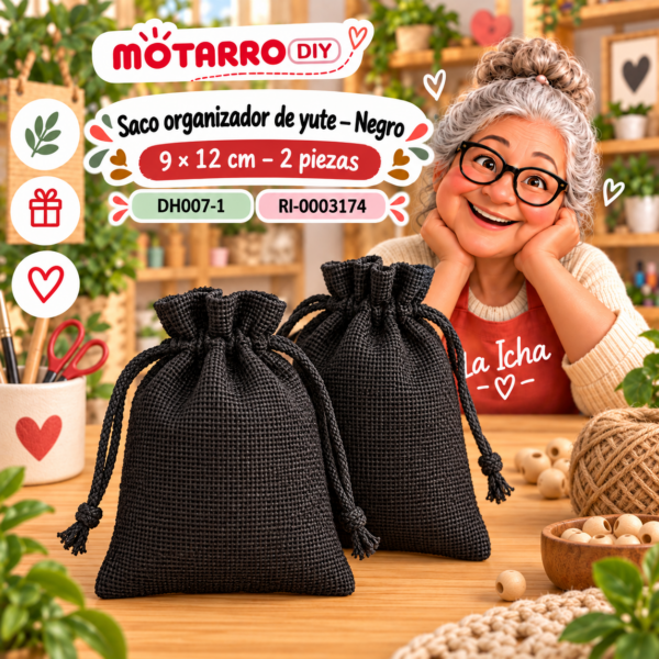 Saco organizador de yute – Negro – 9 × 12 cm – 2 piezas