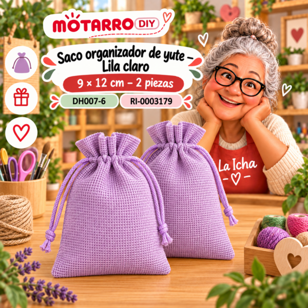 Saco organizador de yute – Lila claro – 9 × 12 cm – 2 piezas