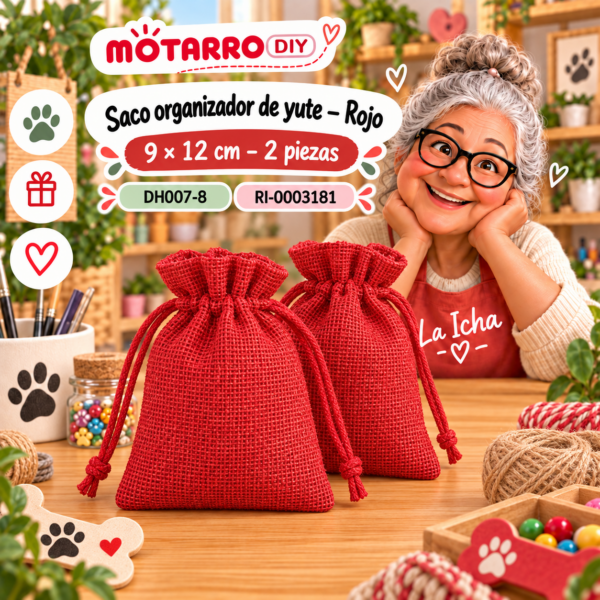 Saco organizador de yute – Rojo – 9 × 12 cm – 2 piezas