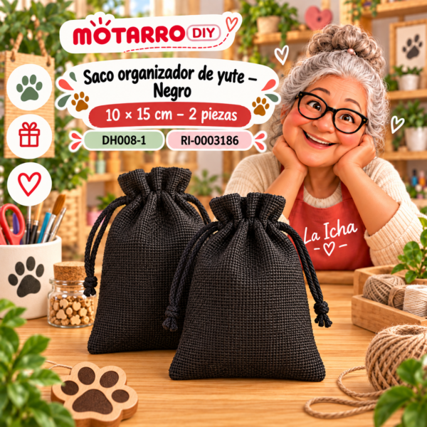 Saco organizador de yute – Negro – 10 × 15 cm – 2 piezas