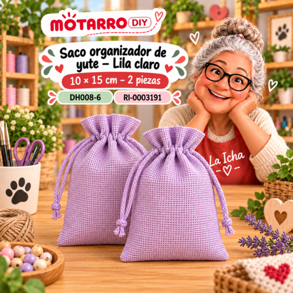 Saco organizador de yute – Lila claro – 10 × 15 cm – 2 piezas