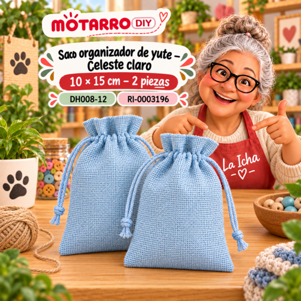 Saco organizador de yute – Celeste claro – 10 × 15 cm – 2 piezas