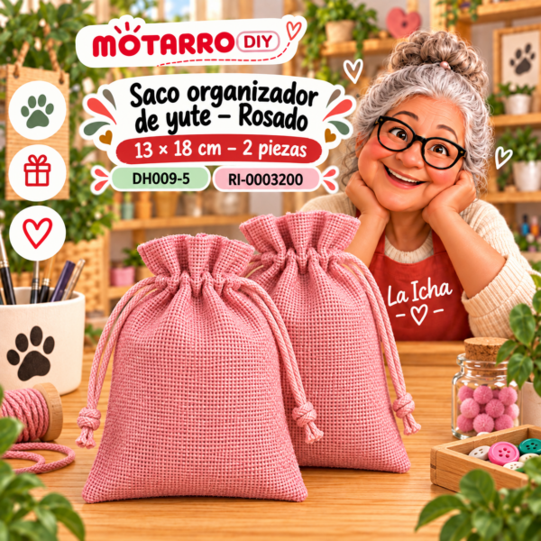 Saco organizador de yute – Rosado – 13 × 18 cm – 2 piezas