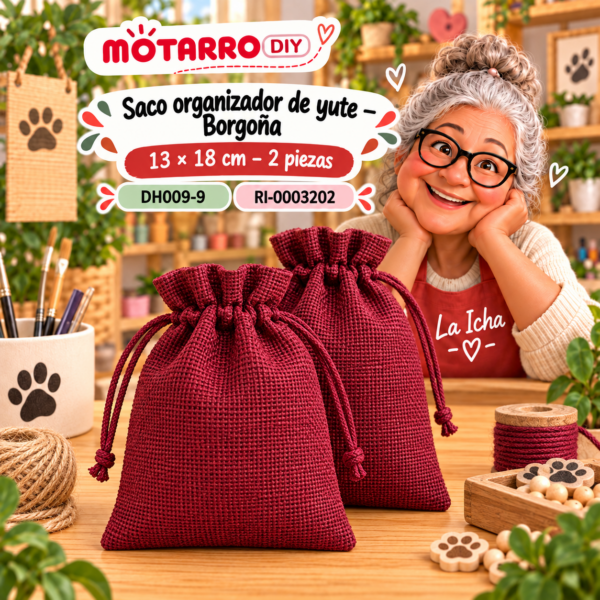 Saco organizador de yute – Borgoña – 13 × 18 cm – 2 piezas