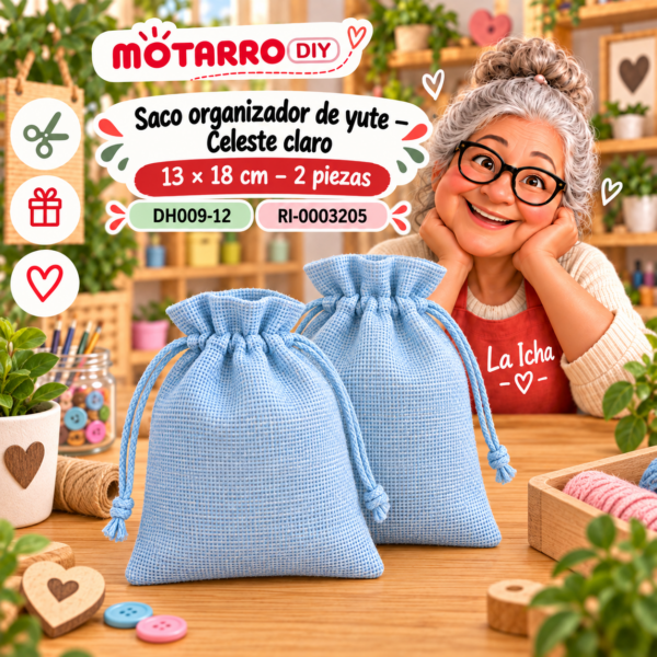 Saco organizador de yute – Celeste claro – 13 × 18 cm – 2 piezas
