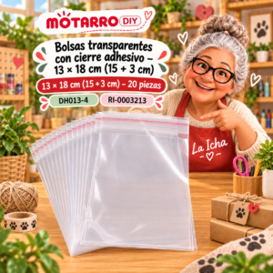 ri-0003213-dh013-4 Bolsas transparentes con cierre adhesivo – 13 × 18 cm (15 + 3 cm) – 20 piezas