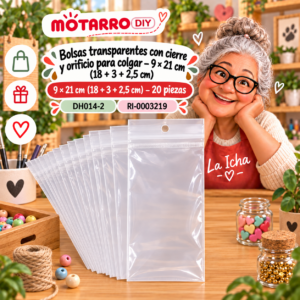 ri-0003219-dh014-2 Bolsas transparentes con cierre y orificio para colgar – 9 × 21 cm (18 + 3 + 2,5 cm) – 20 piezas