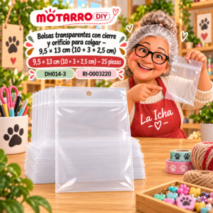 ri-0003220-dh014-3 Bolsas transparentes con cierre y orificio para colgar – 9,5 × 13 cm (10 + 3 + 2,5 cm) – 25 piezas