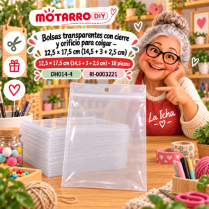 ri-0003221-dh014-4 Bolsas transparentes con cierre y orificio para colgar – 12,5 × 17,5 cm (14,5 + 3 + 2,5 cm) – 18 piezas