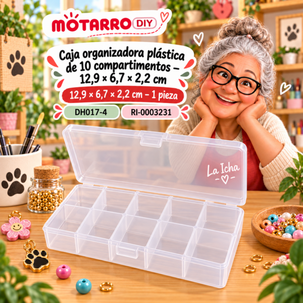 Caja organizadora plástica de 10 compartimentos – 12,9 × 6,7 × 2,2 cm – 1 pieza