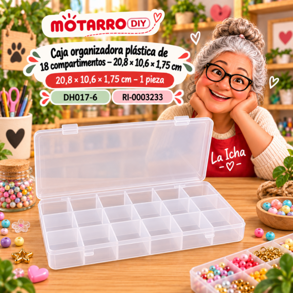 ri-0003233-dh017-6 Caja organizadora plástica de 18 compartimentos – 20,8 × 10,6 × 1,75 cm – 1 pieza