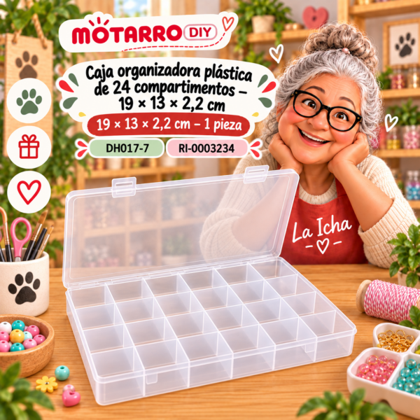 Caja organizadora plástica de 24 compartimentos – 19 × 13 × 2,2 cm – 1 pieza