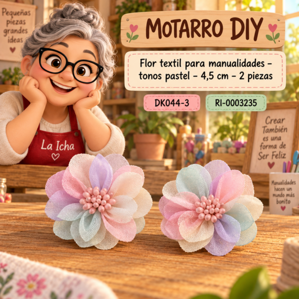 ri-0003235-dk044-3 Flor textil para manualidades – tonos pastel – 4,5 cm – 2 piezas