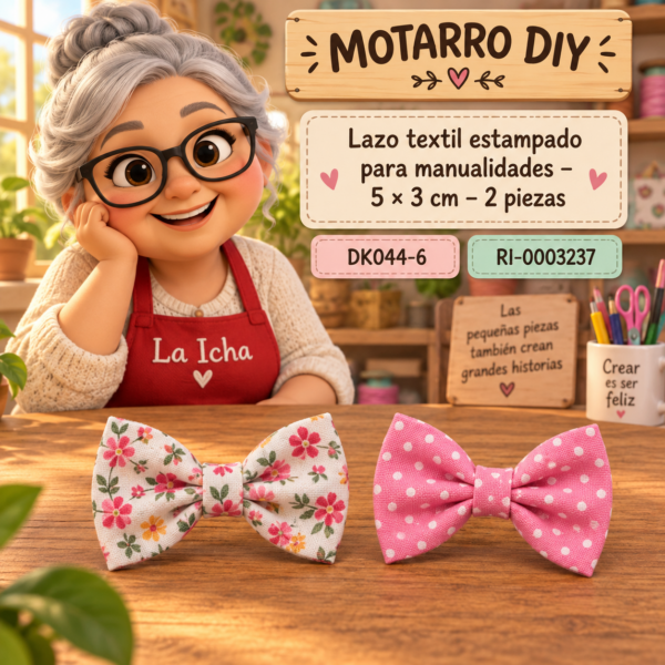 Lazo textil estampado para manualidades – 5 × 3 cm – 2 piezas