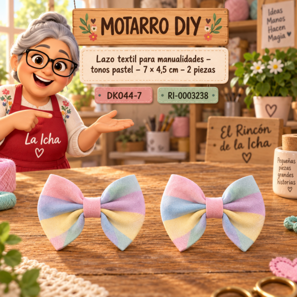 Lazo textil para manualidades – tonos pastel – 7 × 4,5 cm – 2 piezas