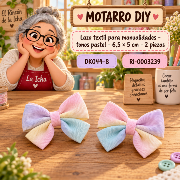 Lazo textil para manualidades – tonos pastel – 6,5 × 5 cm – 2 piezas
