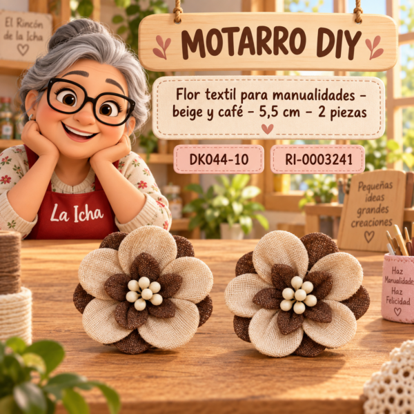 ri-0003241-dk044-10 Flor textil para manualidades – beige y café – 5,5 cm – 2 piezas