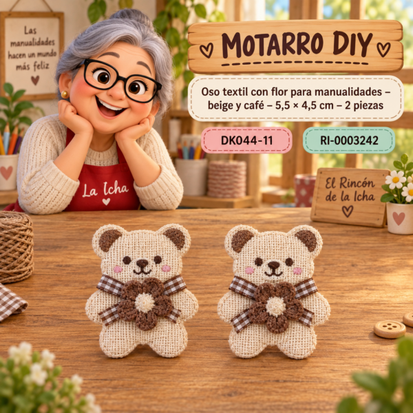 Oso textil con flor para manualidades – beige y café – 5,5 × 4,5 cm – 2 piezas