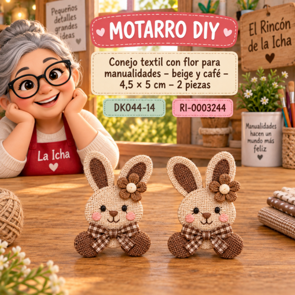 Conejo textil con flor para manualidades – beige y café – 4,5 × 5 cm – 2 piezas
