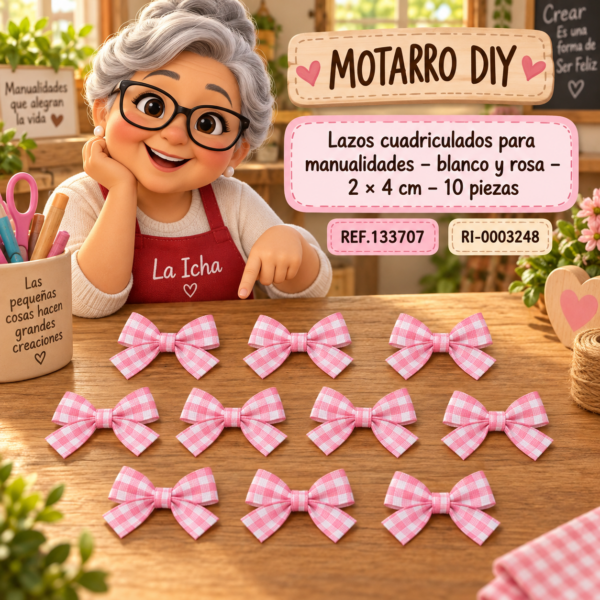 ri-0003248-ref133707 Lazos cuadriculados para manualidades – blanco y rosa – 2 × 4 cm – 10 piezas
