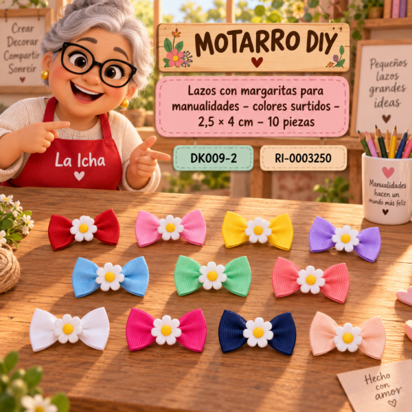 ri-0003250-dk009-2 Lazos con margaritas para manualidades – colores surtidos – 2,5 × 4 cm – 10 piezas