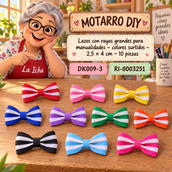 ri-0003251-dk009-3 Lazos con rayas grandes para manualidades – colores surtidos – 2,5 × 4 cm – 10 piezas