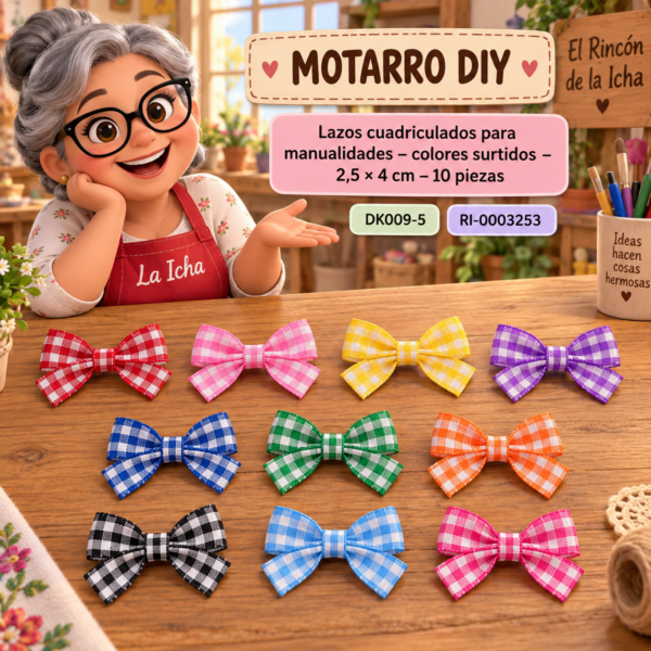 ri-0003253-dk009-5 Lazos cuadriculados para manualidades – colores surtidos – 2,5 × 4 cm – 10 piezas