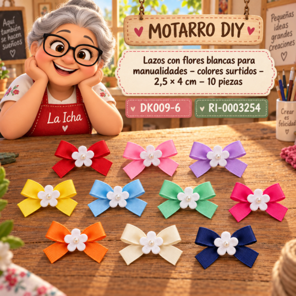 ri-0003254-dk009-6 Lazos con flores blancas para manualidades – colores surtidos – 2,5 × 4 cm – 10 piezas