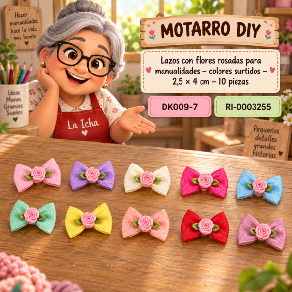 ri-0003255-dk009-7 Lazos con flores rosadas para manualidades – colores surtidos – 2,5 × 4 cm – 10 piezas
