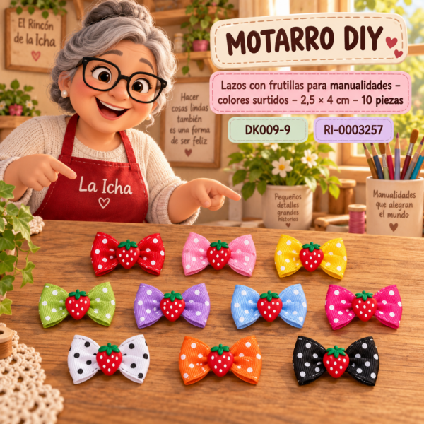 ri-0003257-dk009-9 Lazos con frutillas para manualidades – colores surtidos – 2,5 × 4 cm – 10 piezas