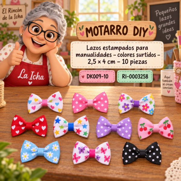 ri-0003258-dk009-10 Lazos estampados para manualidades – colores surtidos – 2,5 × 4 cm – 10 piezas