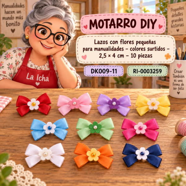 ri-0003259-dk009-11 Lazos con flores pequeñas para manualidades – colores surtidos – 2,5 × 4 cm – 10 piezas