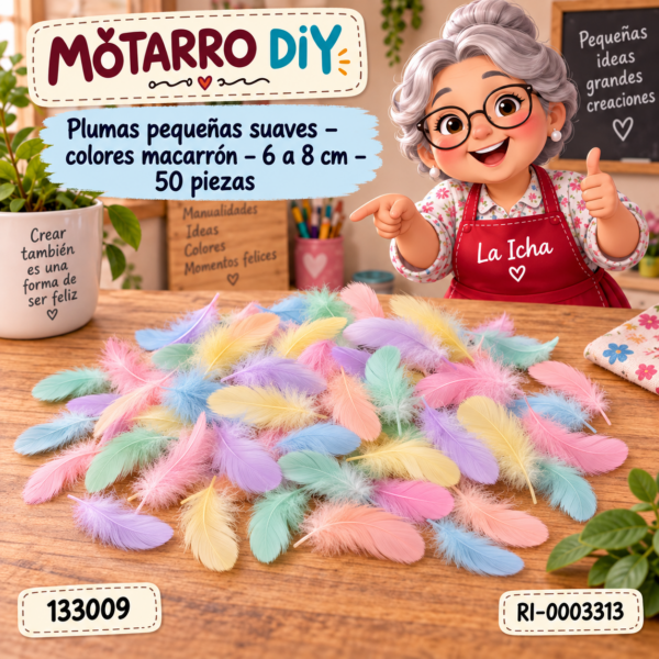 ri-0003313-133009 Plumas pequeñas suaves – colores macarrón – 6 a 8 cm – 50 piezas