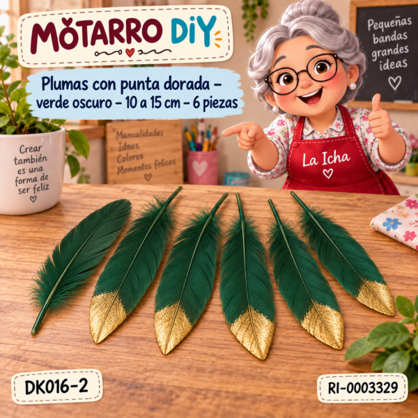 ri-0003329-dk016-2 Plumas con punta dorada – verde oscuro – 10 a 15 cm – 6 piezas