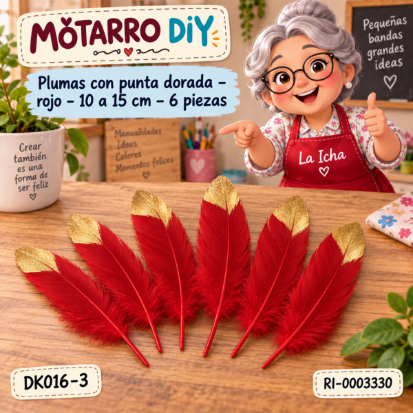 ri-0003330-dk016-3 Plumas con punta dorada – rojo – 10 a 15 cm – 6 piezas