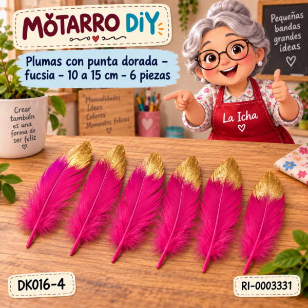 ri-0003331-dk016-4 Plumas con punta dorada – fucsia – 10 a 15 cm – 6 piezas