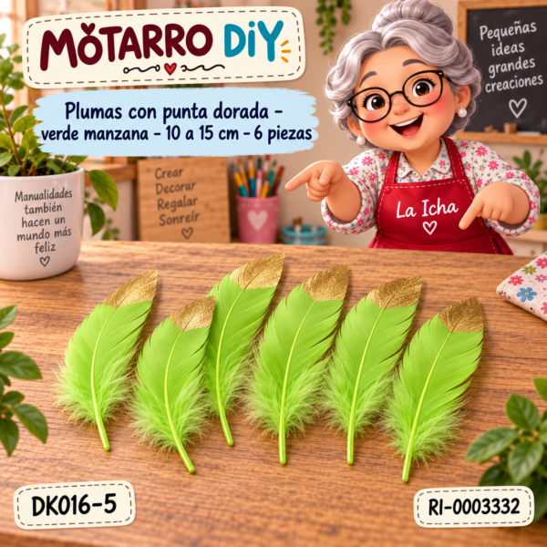 ri-0003332-dk016-5 Plumas con punta dorada – verde manzana – 10 a 15 cm – 6 piezas