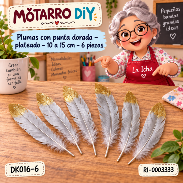 ri-0003333-dk016-6 Plumas con punta dorada – plateado – 10 a 15 cm – 6 piezas