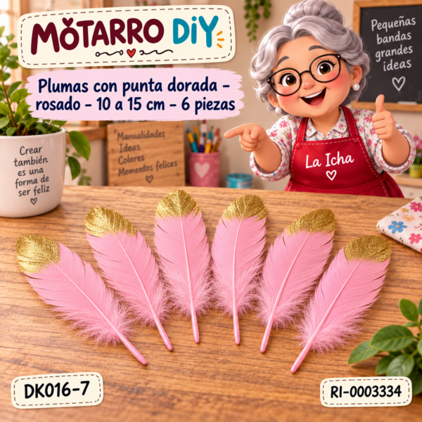 ri-0003334-dk016-7 Plumas con punta dorada – rosado – 10 a 15 cm – 6 piezas