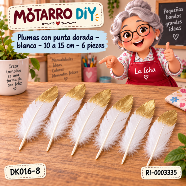 ri-0003335-dk016-8 Plumas con punta dorada – blanco – 10 a 15 cm – 6 piezas