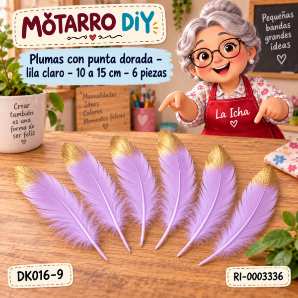 ri-0003336-dk016-9 Plumas con punta dorada – lila claro – 10 a 15 cm – 6 piezas