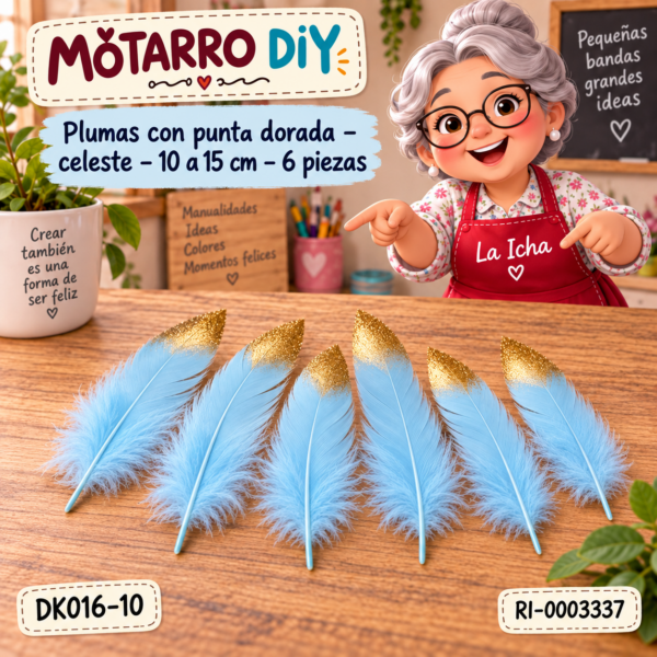 ri-0003337-dk016-10 Plumas con punta dorada – celeste – 10 a 15 cm – 6 piezas