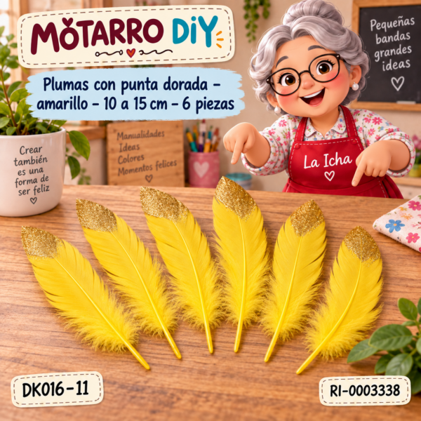 ri-0003338-dk016-11 Plumas con punta dorada – amarillo – 10 a 15 cm – 6 piezas