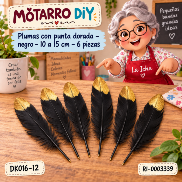 ri-0003339-dk016-12 Plumas con punta dorada – negro – 10 a 15 cm – 6 piezas