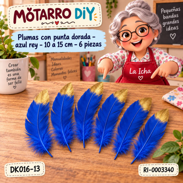 Plumas con punta dorada – azul rey – 10 a 15 cm – 6 piezas