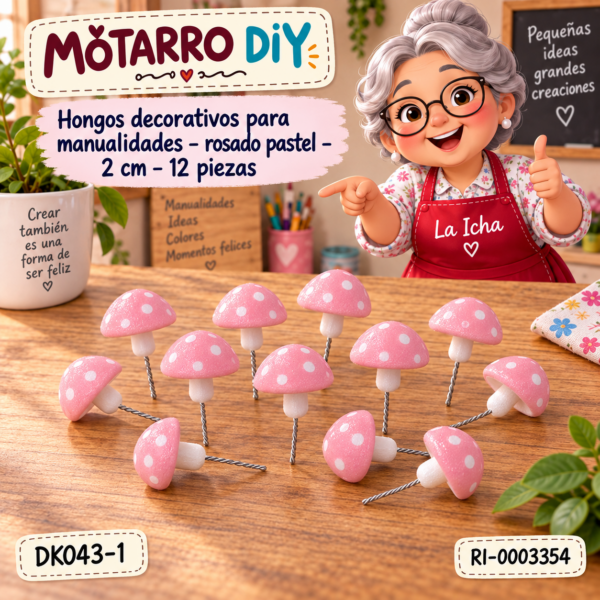 Hongos decorativos para manualidades – rosado pastel – 2 cm – 12 piezas
