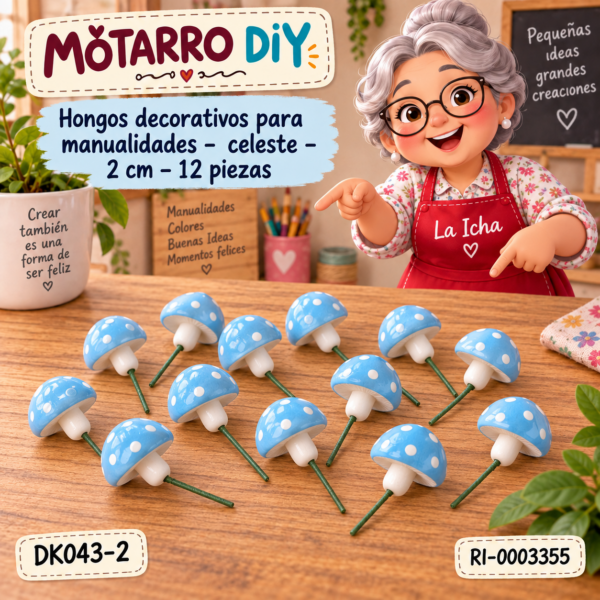 ri-0003355-dk043-2 Hongos decorativos para manualidades – celeste – 2 cm – 12 piezas